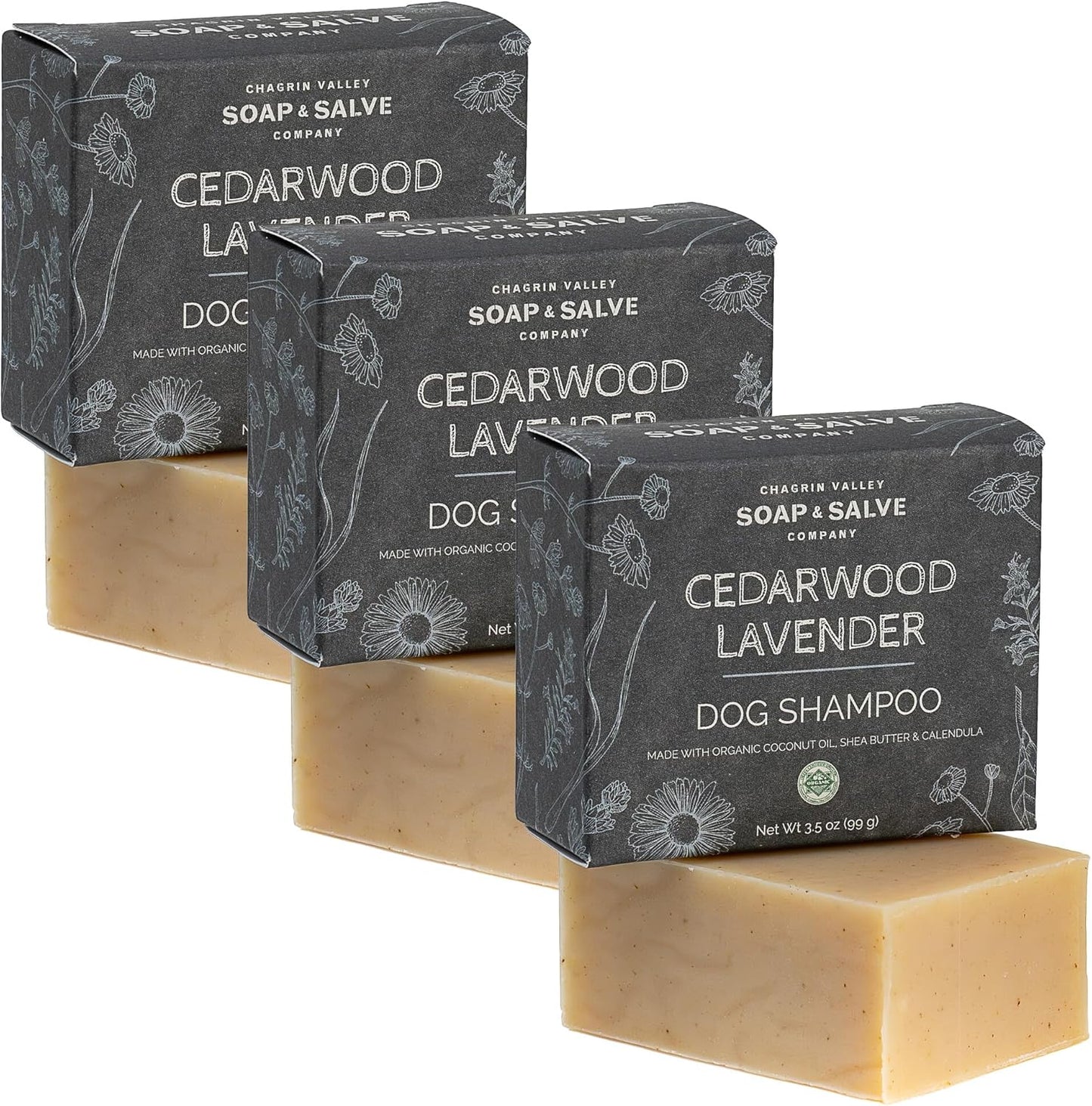Chagrin Valley Soap & Salve Organic Dog Shampoo and Conditioner - Puppy Shampoo Itchy Skin Relief and Puppy Essentials - Natural Handmade Cedarwood Lavender, 3.8 oz Bar Soap 3-PK