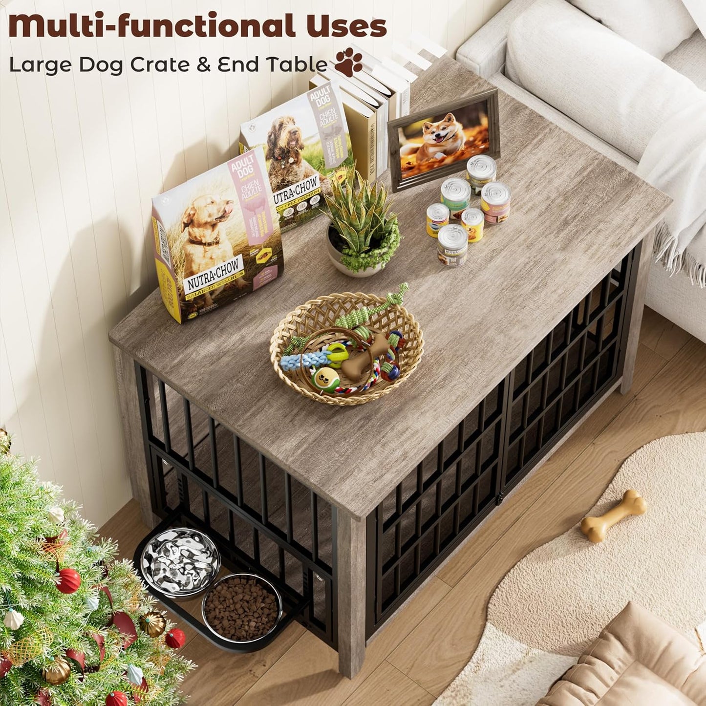 Lulive Large Dog Kennel Indoor with 360°& Adjustable Raised Dog Bowls, Wooden Dog Crate Furniture Double Doors Furniture Dog Crates End Table for Large/Medium Dogs 37.8" L*23.6" W*27" H, Grey