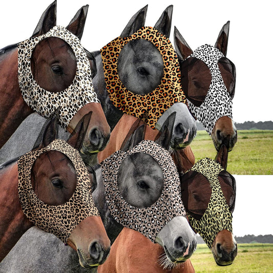 Chunful 6 Pcs Horse Fly Masks with Ears Smooth and Comfortable Cashel Mesh Fly Mask Elasticity Breathability UV Protection Horse Face Covering for Riding Supplies(Leopard,Large)