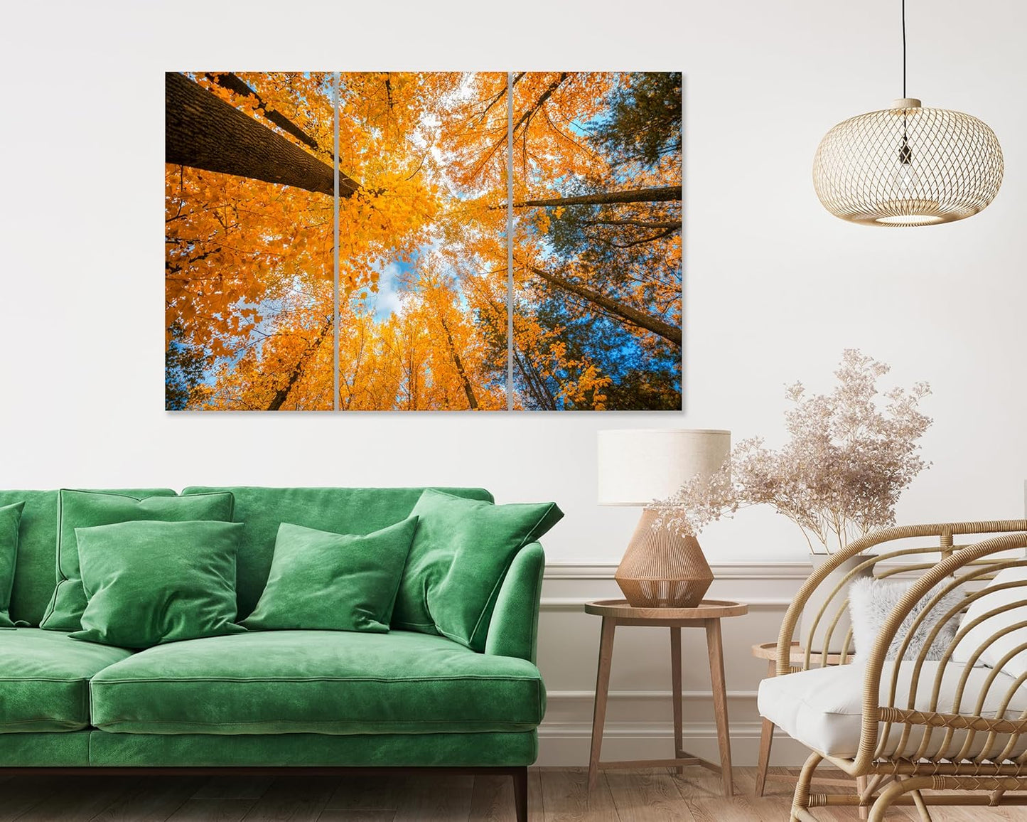Nature Wall Art Prints - Ocean Forest Mountain Lake Canvas Landscapes - Small to Extra Large Living Room Bedroom Kitchen Bathroom Décor (Blue Sky Through Yellow Autumn Trees, 31L" x 47W" - 3 Panels)