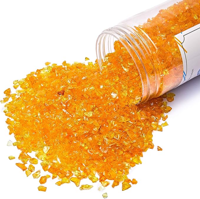 TWINKLING High Luster Crushed Glass Glitter, Broken Glass, Fire Glass Gems Chips for Fire Pit, DIY Resin Art, Epoxy Crafts, Geode Painting, Aquarium Decoration, 6-9mm(370g/13oz.) (Orange Yellow)