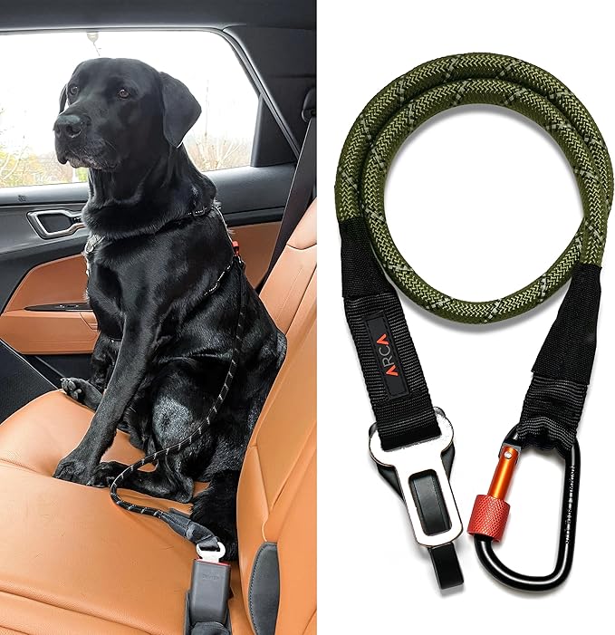 Dog Seat Belt for Car | Universal Dog Car Seatbelt | Durable Reflective Rope with Clip Hook Latch, Buckle and Carabiner- Safe and Secure Pet Safety Restraint (Army Green)