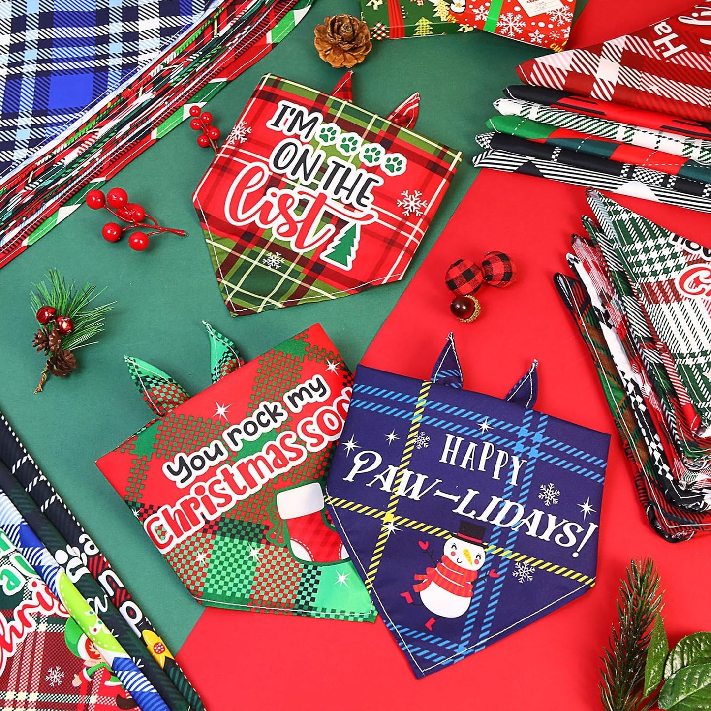 Abbylike 50 Pcs Dog Bandanas Bulk Pet Scarfs Triangle Bibs Adjustable Washable Puppy Kerchief Seasonal Pet Costume Accessories Grooming Supplies for Small Medium Large Dogs Cats(Christmas Plaid Dog)