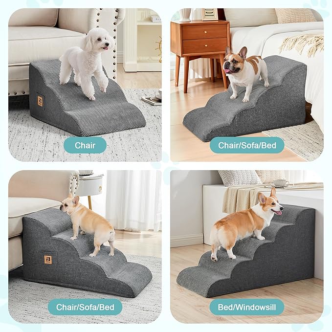 IFNOW Dog Stairs for Small Dogs, 4-Step Sturdy Dog Steps for Bed, Couch, Sofa, Waterproof Pet Stairs for Older Cats, Puppy, Removable Washable Cover, Non-Slip Curved Pet Ramp Indoor, Grey