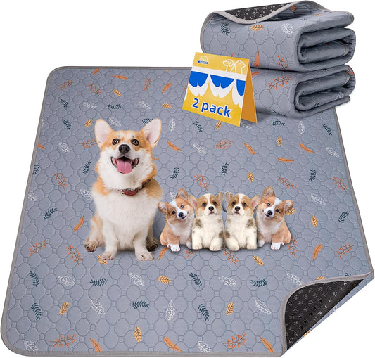 Sunheir Washable Pee Pads for Dogs 2-Pack Reusable Puppy Pads Pet Training Pads, Waterproof Dog Pee Pads for Crate, Whelping Pad, Non-Slip Protects Against Urine Leakage (Leaves - Light Grey, 31x36)