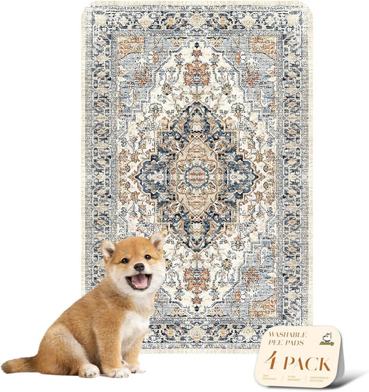 nunubaby 4PACK Washable Pee Pads for Dogs, Stylish, Non-Slip and Leak-Proof Pee Pads. Reusable Potty Pads for Dogs for Crates and Floors.(Beige/Multi, 24" x36")