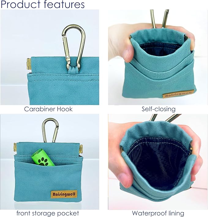Dog Treat Pouch, Green Pocket Sized Pet Training Pouch, Cotton Fabric, Hand Free Dog Walking Bag with Carabiner, Self-Closing Pet Feed Snack Reward, for Puppy Travel or Outdoor Use