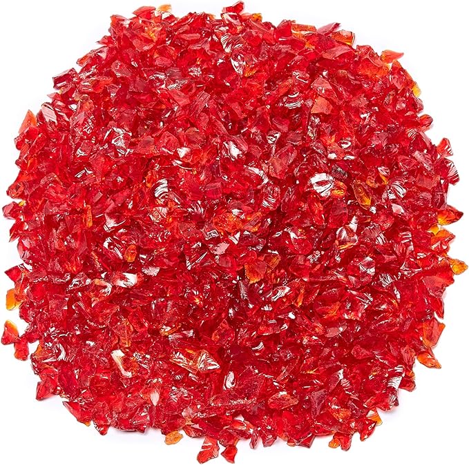 TWINKLING High Luster Fire Glass Gravel Stone Glitter,Broken Glass,Fire Gems Chips,Crushed Glass for Fire Pit Crafts Resin Art Aquarium Garden Decoration,3-6mm,1-Pound Jar (Red)