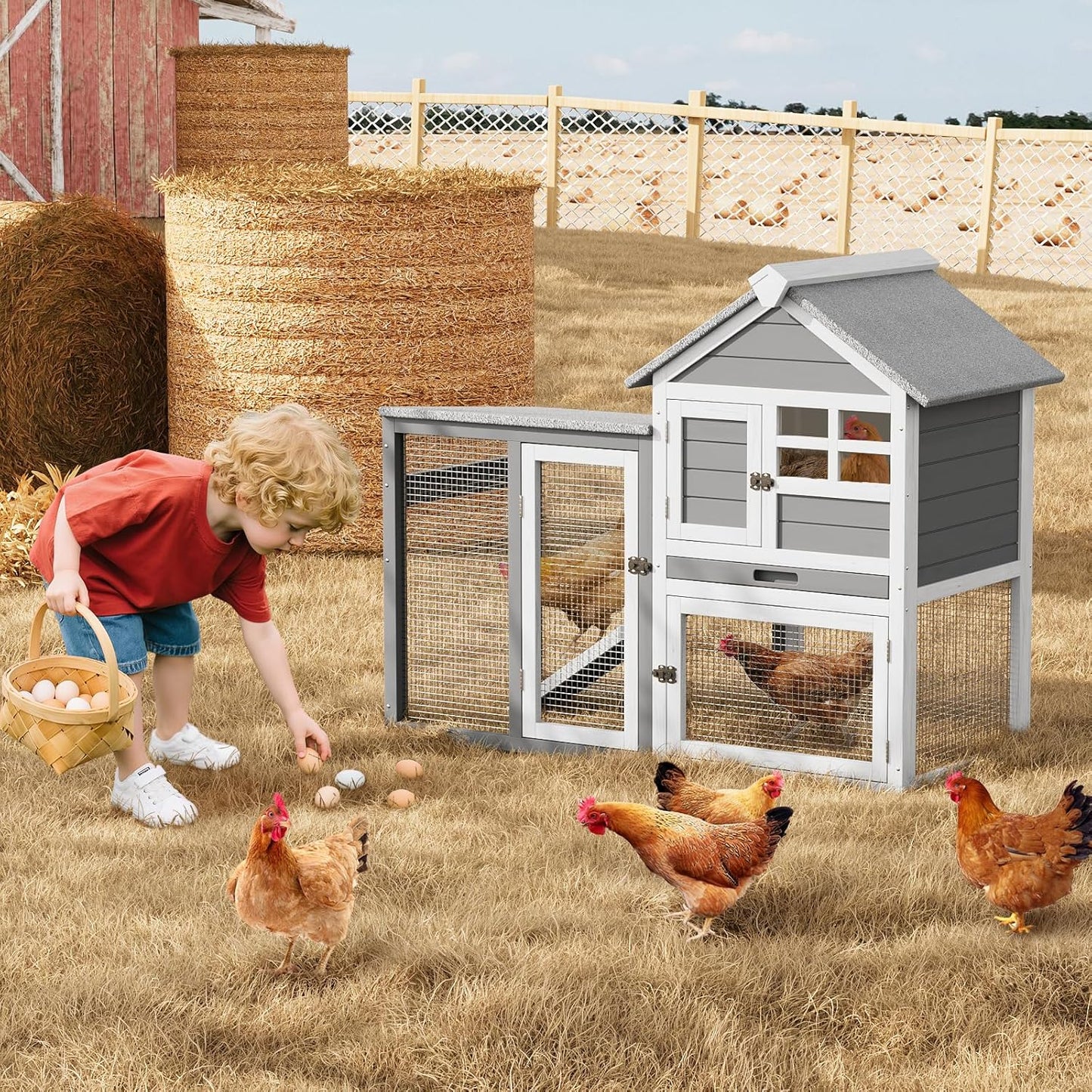 2-Tier Rabbit & Chicken House,Wooden Chicken Coop & Bunny Cage with Non-Slip Ramp, 4 Doors,Waterproof Roof & Pull-Out Tray,Outdoor/Indoor Pet Cage