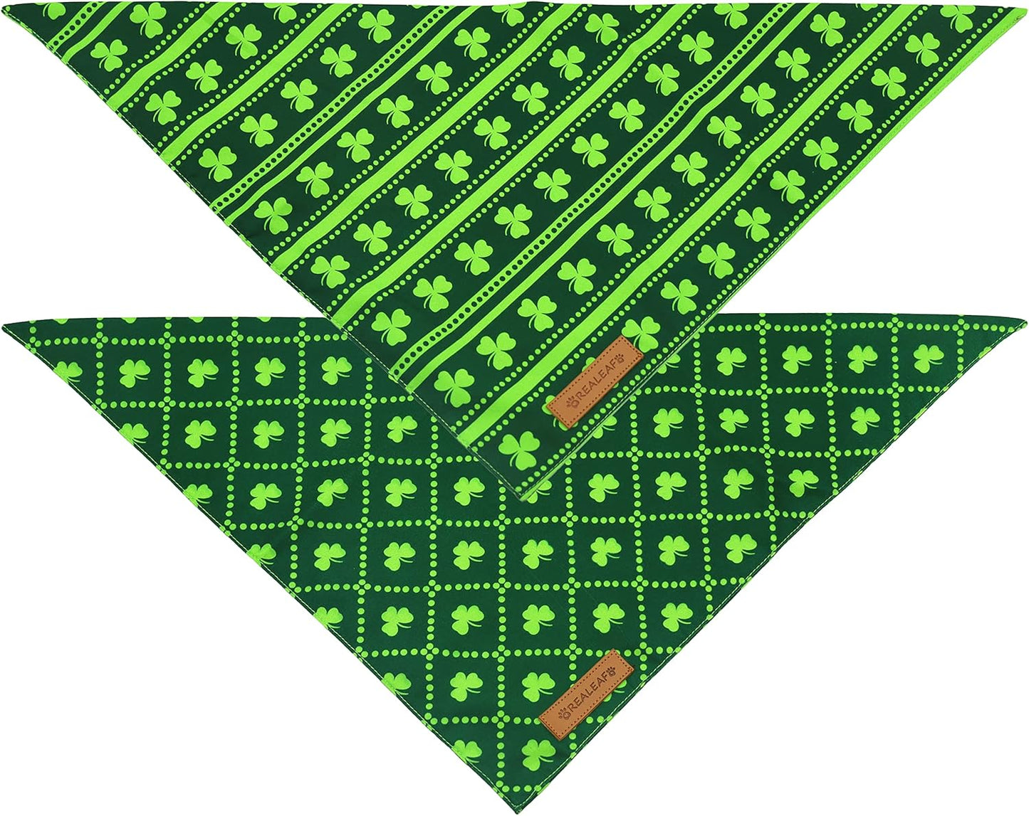Realeaf St. Patrick's Day Dog Bandanas 2 Pack, Reversible Green Shamrock Pet Scarf for Boy and Girl, Premium Durable Fabric, Holiday Bandana for Small Medium Large and Extra Large Dogs (Large)