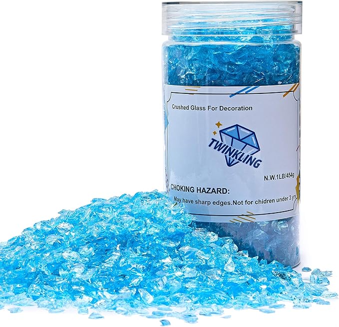 TWINKLING High Luster Fire Glass Gravel Stone Glitter,Broken Glass,Fire Gems Chips,Crushed Glass for Fire Pit Crafts Resin Art Aquarium Garden Decoration,3-6mm,1-Pound Jar (Ocean Blue)