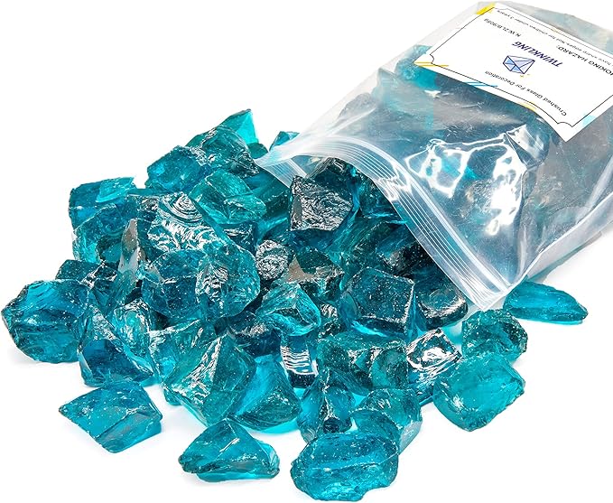 TWINKLING High Luster Fire Glass Gravel Stone,Broken Glass,Fire Pit Glass,Crushed Glass for Fireplace Pit Aquarium Garden Decoration,1-3cm,2-Pound Jar (Turquoise)