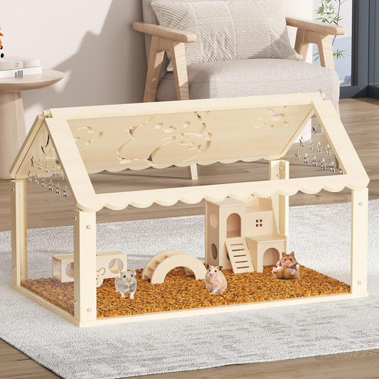 Hamster cage Wooden with Acrylic, Dwarf Hamster cage, Small Animal Habitat with Openable Top, Mouse cage for Guinea Pigs, Chinchillas, Gerbil, Syrian Hamster (31inch no Moon)