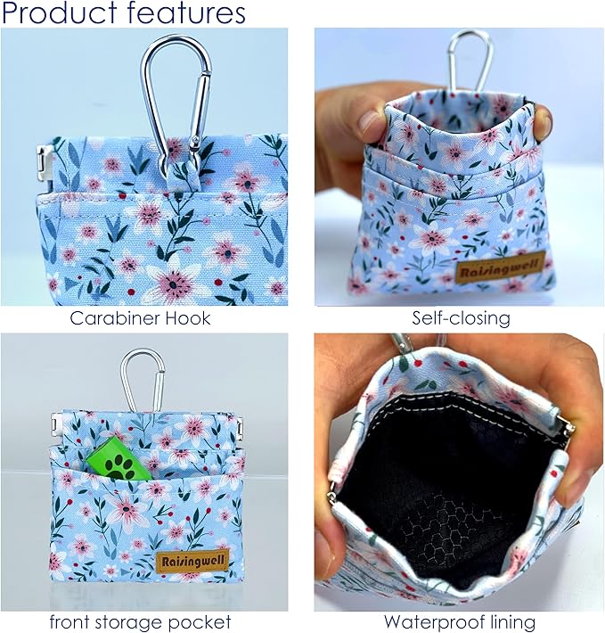 Dog Treat Pouch, Small Cotton Pocket Sized Training Holder, Hand Free Walking Fanny Bag with Carabiner, Self-Closing Pet Feed Snack Reward, Behavior Aids for Puppy Travel or Outdoor Use