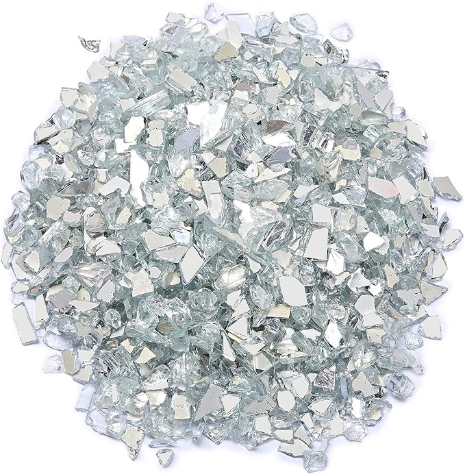 TWINKLING High Luster Fire Glass Gravel Stone Glitter,Broken Glass,Fire Gems Chips,Crushed Glass for Fire Pit Crafts Resin Art Aquarium Garden Decoration,3-6mm,1-Pound Jar (White-Backing Mirror)
