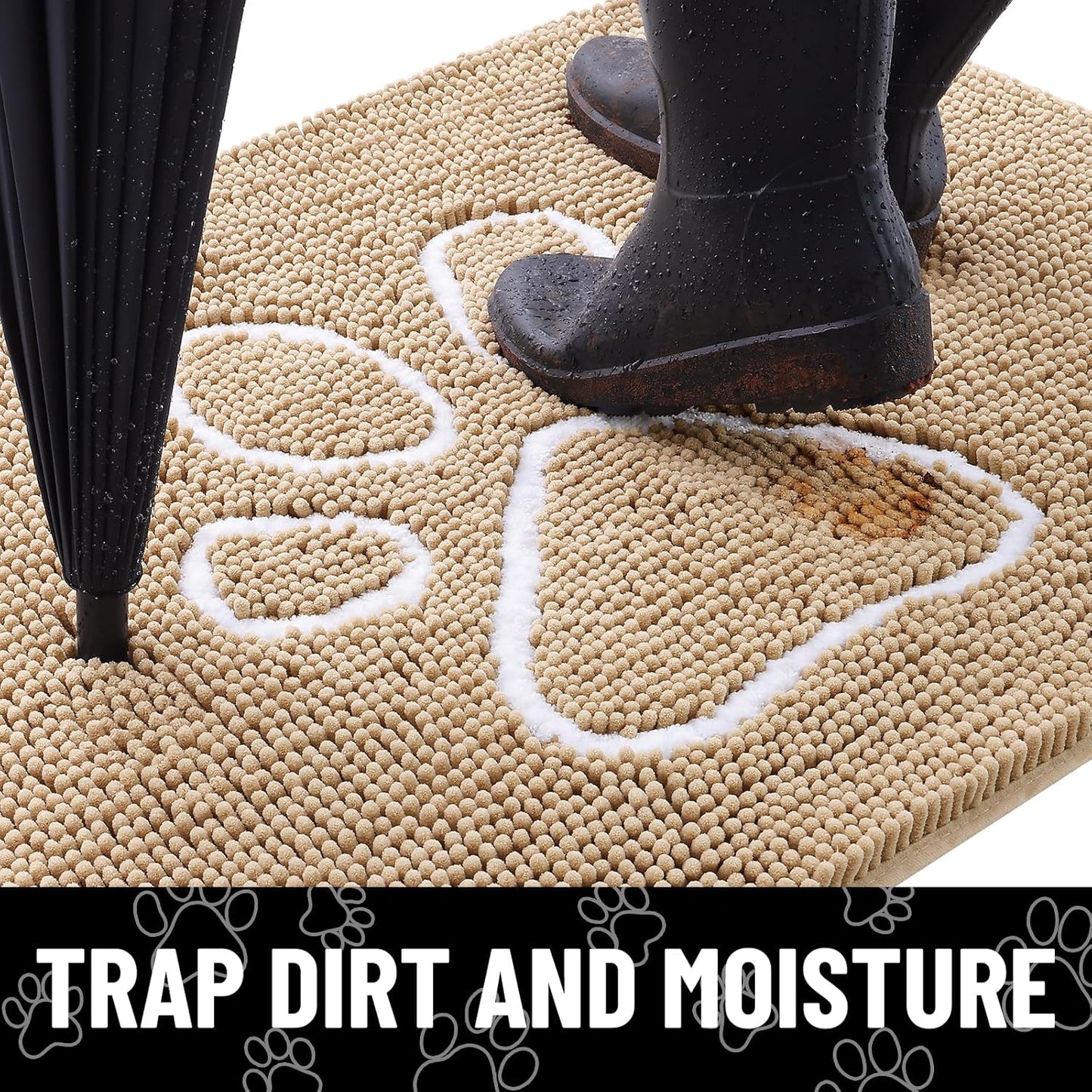 Smiry Dog Door Mat for Muddy Paws, Absorbent Dirt Trapper Non Slip Quick Dry Washable Chenille Mat for Mud Dogs, Entry Rug for Indoor and Outdoor (24x16 Inches, Beige)