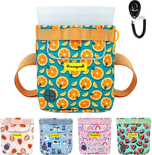 Dog Treat Pouch for Pet Walking and Training with Clicker 2 Cup Silicone Bag Small Fanny Pack Holder for Puppy Snack Dispenser Kit for Leash and Outdoor Use (Fruit Orange)