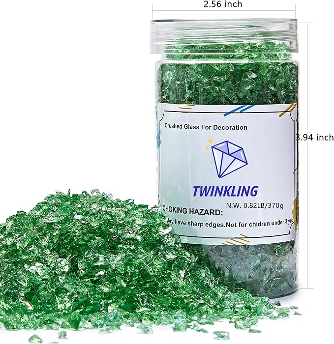 TWINKLING High Luster Crushed Glass Glitter, Broken Glass, Fire Glass Gems Chips for Fire Pit, DIY Resin Art, Epoxy Crafts, Geode Painting, Aquarium Decoration, 6-9mm(370g/13oz.) (Light Green)