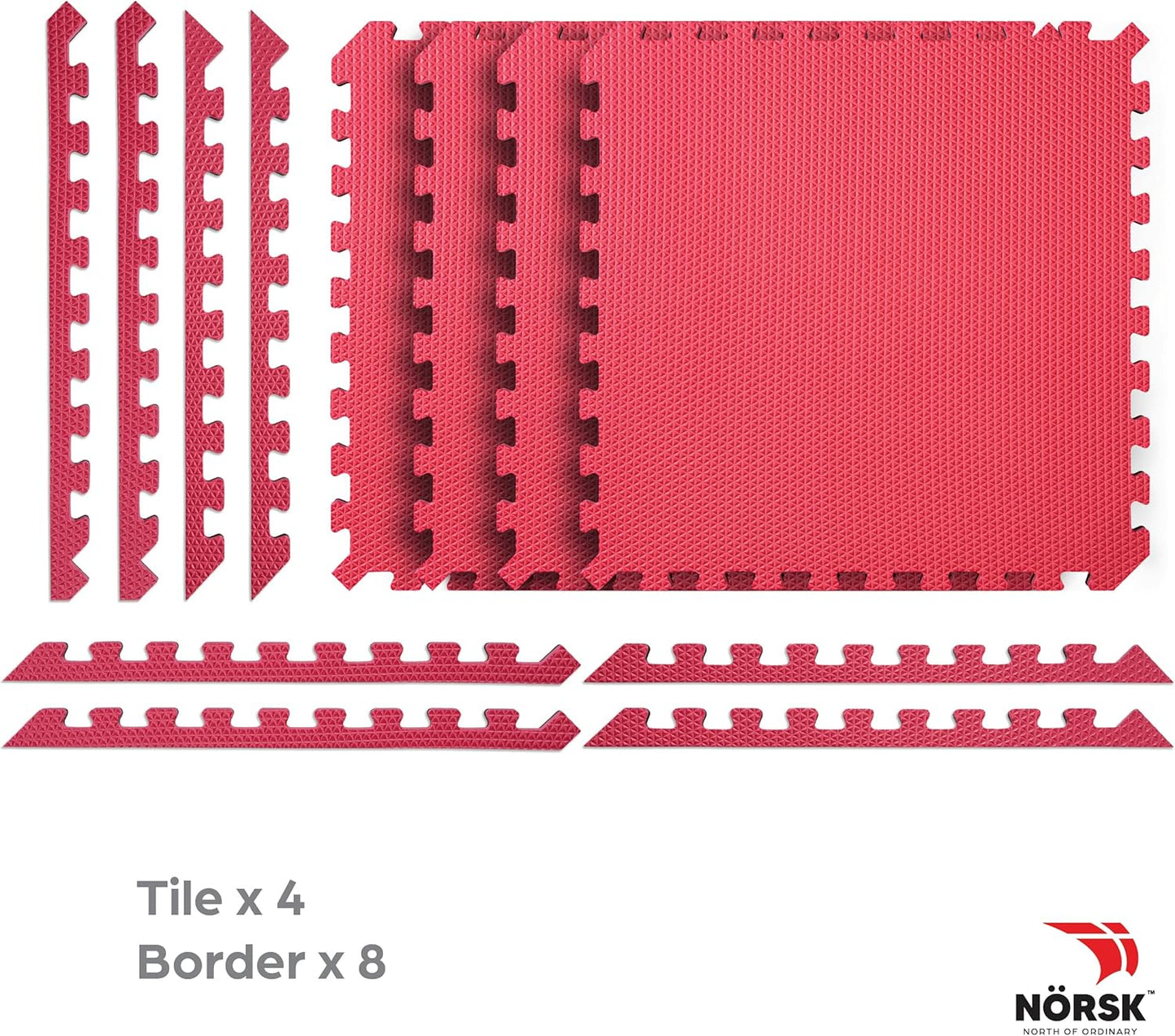 Norsk Reversible Gym Exercise Mats 3/4" Thick EVA Interlocking Foam Tiles, Perfect Home Gym Flooring, 20 Tiles & 40 Trim Pieces, 80 Sq. Ft. Reversible, Red/Black