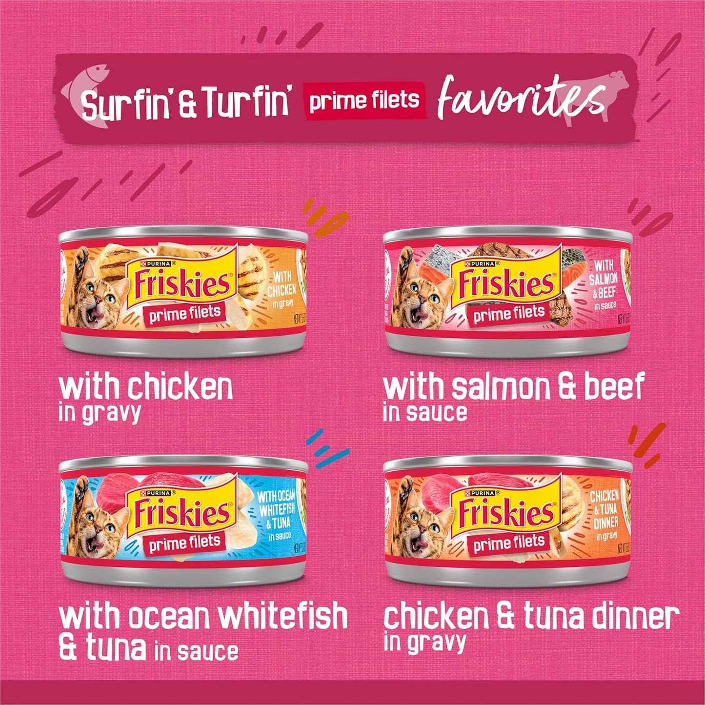 Purina Friskies Gravy Wet Cat Food Variety Pack, Surfin’ and Turfin’ Prime Filets Favorites - 48 ct. Can