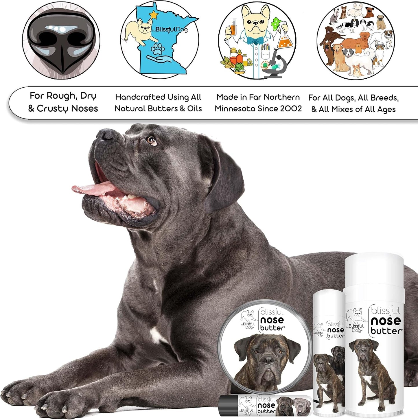 The Blissful Dog Cane Corso Nose Butter for Dry, Cracked Skin, Lick-Safe Dog Nose Balm with Moisturizing Shea Butter, Almond, Olive, and Essential Oils, Pet Supplies, Uncented, 0.15 oz.