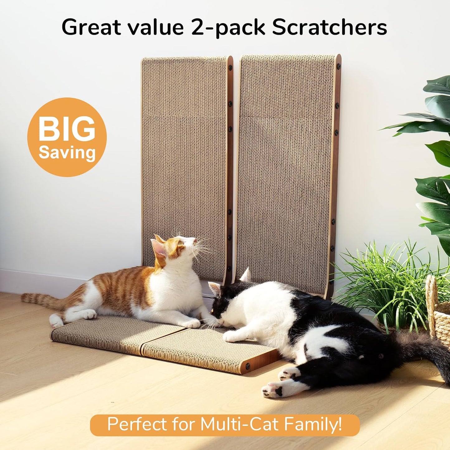 FUKUMARU Cat Scratcher, 26.8 Inch Cat Scratch Pad for Indoor Cats, L Shaped Cardboard Vertical Cats Scratching Board with Ball Toy, Walnut Color, 2 Packs