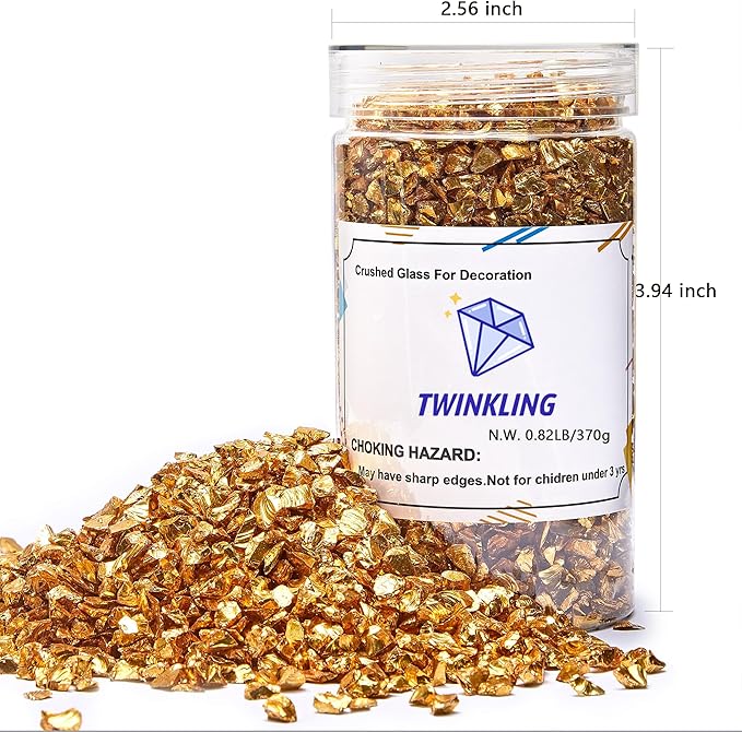 TWINKLING High Luster Crushed Glass Glitter, Fire Glass Gems Chips for Fire Pit, DIY Resin Art, Epoxy Crafts, Geode Painting, Aquarium Decoration, 6-9mm (370g/13oz.) (Gold)