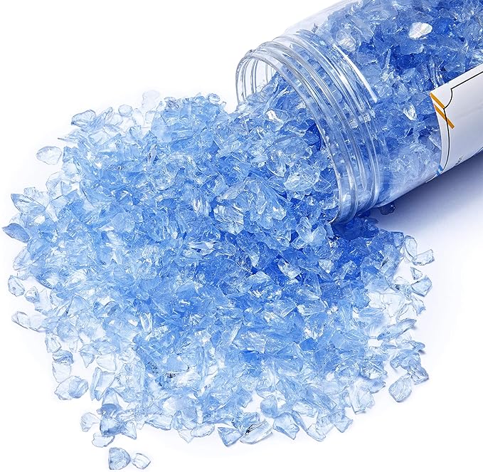 TWINKLING High Luster Fire Glass Gravel Stone Glitter,Broken Glass,Fire Gems Chips,Crushed Glass for Fire Pit Crafts Resin Art Aquarium Garden Decoration,3-6mm,1-Pound Jar (Light Blue)