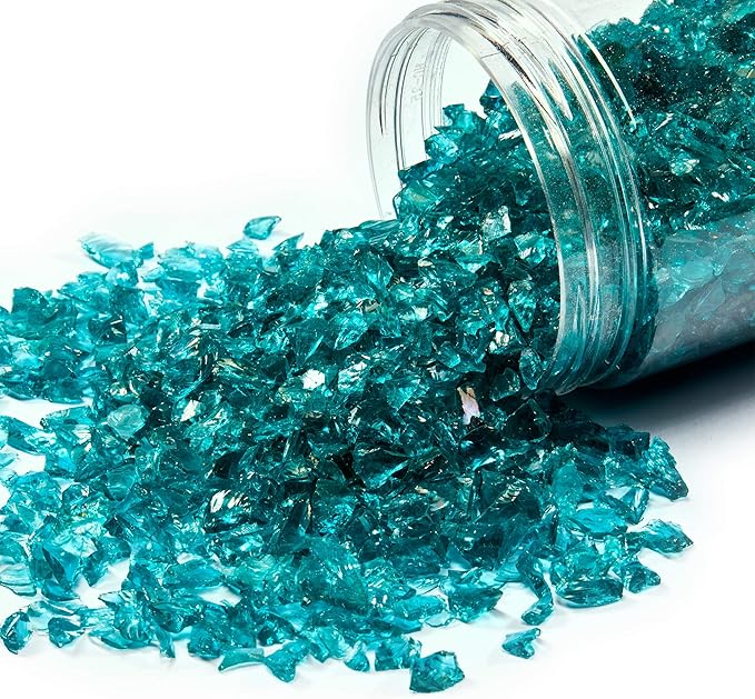 TWINKLING High Luster Fire Glass Gravel Stone Glitter,Broken Glass,Fire Gems Chips,Crushed Glass for Fire Pit Crafts Resin Art Aquarium Garden Decoration,3-6mm,1-Pound Jar (Turquoise)