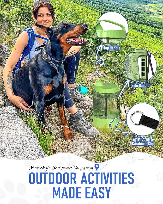 ortable Dog Travel Water Bottle, 77oz Large Portable Dog Water Bowl Dispenser, Leakproof Pet Drinking Bottle Dispenser for Hiking Camping Walking Travelling Beach Car Trips, No Spill, BPA Free,Green