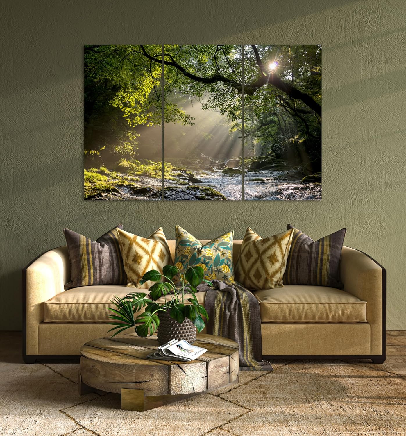 Nature Wall Art Prints - Ocean Forest Mountain Lake Canvas Landscapes - Small to Extra Large Living Room Bedroom Kitchen Bathroom Décor (Rocky River in the Woods, 55L" x 83W"- 3 Panels)