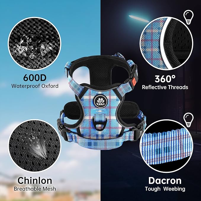 NESTROAD No Pull Dog Harness with Leash, Reflective No Choke Pet Vest Harness,Adjustable Soft Padded Dog Harness with Easy Control Handle for Medium Dogs(Checkered Blue,Medium)