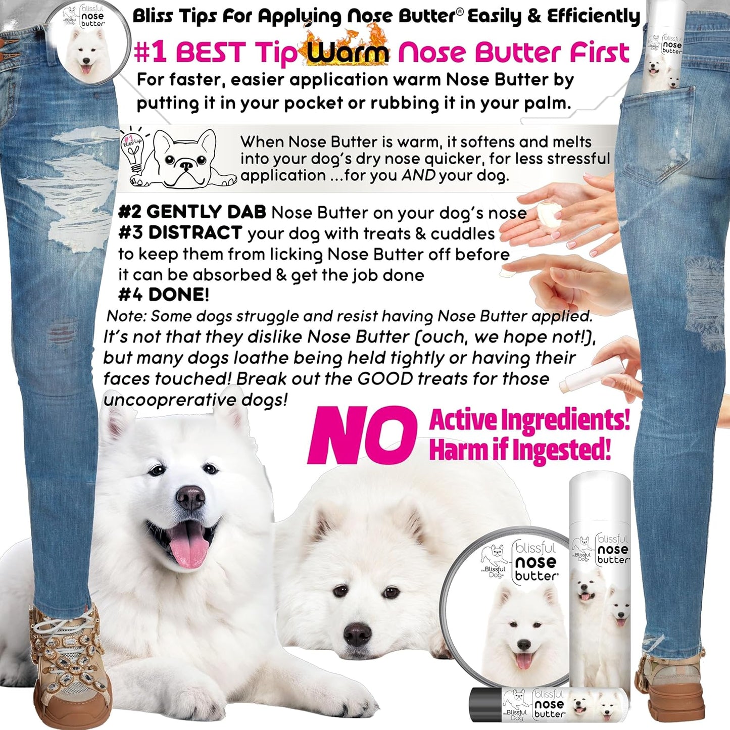 The Blissful Dog Samoyed Nose Butter for Dry, Cracked Skin, Lick-Safe Dog Nose Balm with Moisturizing Shea Butter, Almond, Olive, and Essential Oils, Pet Supplies, Uncented, 8 oz.