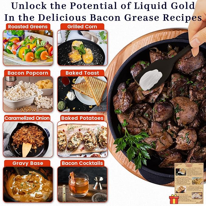 Bacon Grease Container with Strainer - With Food-Grade Silicone Spatula , 46oz Large Enamel Rustic Farmhouse Fat Container , Keeper , Recipes , Dishwasher Safe