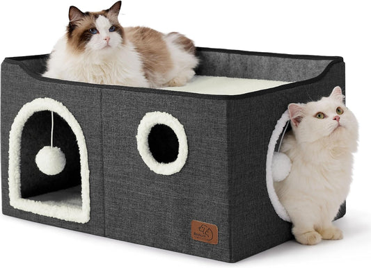 Bedsure Large Cat Beds for Indoor Cats - Extra Wide Cat Cube House for Small Pet with Fluffy Ball Hanging and Scratch Pad, Foldable Pet Cave Hideaway for Multiple Cats, 23.6x16.9x13 inches, Dark Grey