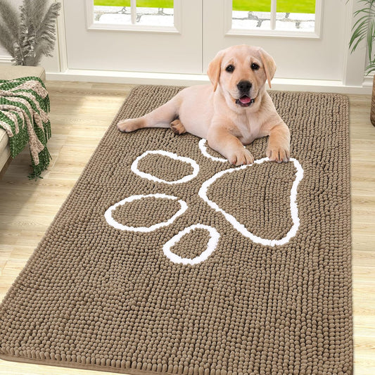 Smiry Dog Door Mat for Muddy Paws, Absorbent Dirt Trapper Non Slip Quick Dry Washable Chenille Mat for Mud Dogs, Entry Rug for Indoor and Outdoor (47x32 Inches, Camel)
