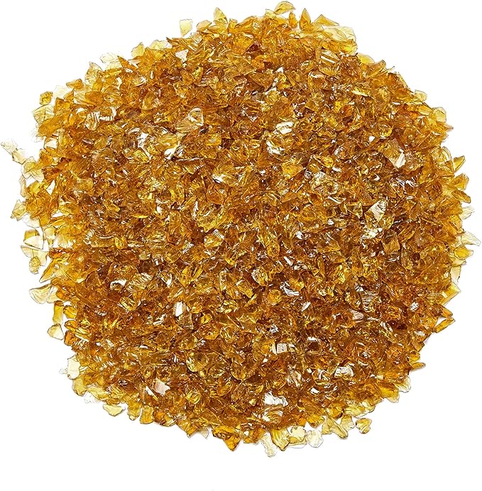 TWINKLING High Luster Fire Glass Gravel Stone Glitter,Broken Glass,Fire Gems Chips,Crushed Glass for Fire Pit Crafts Resin Art Aquarium Garden Decoration,3-6mm,1-Pound Jar (Light Amber)