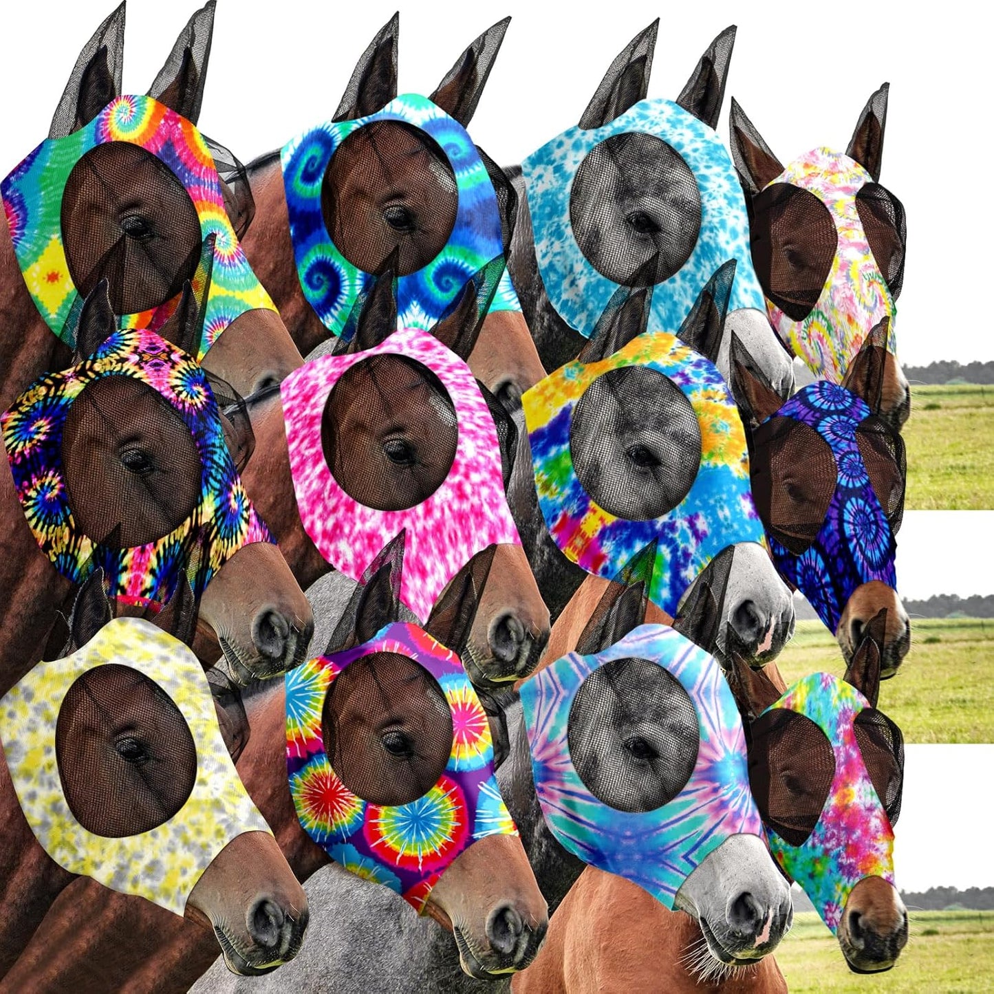 Qualirey12 Pieces Horse Fly Mask Bulk Comfortable Elasticity Mask for Horses with Ears Net UV Protection Breathable Face Covering for Pony and Foal(Large, Tie Dye Patterns)