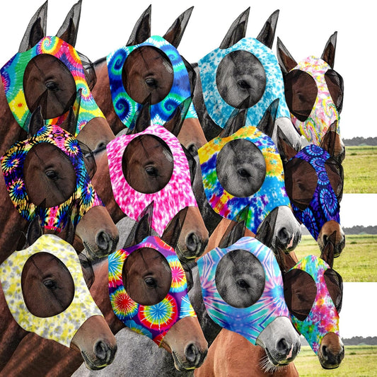 Qualirey12 Pieces Horse Fly Mask Bulk Comfortable Elasticity Mask for Horses with Ears Net UV Protection Breathable Face Covering for Pony and Foal(Large, Tie Dye Patterns)