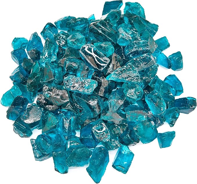 TWINKLING High Luster Fire Glass Gravel Stone,Broken Glass,Fire Pit Glass,Crushed Glass for Fireplace Pit Aquarium Garden Decoration,1-3cm,2-Pound Jar (Turquoise)