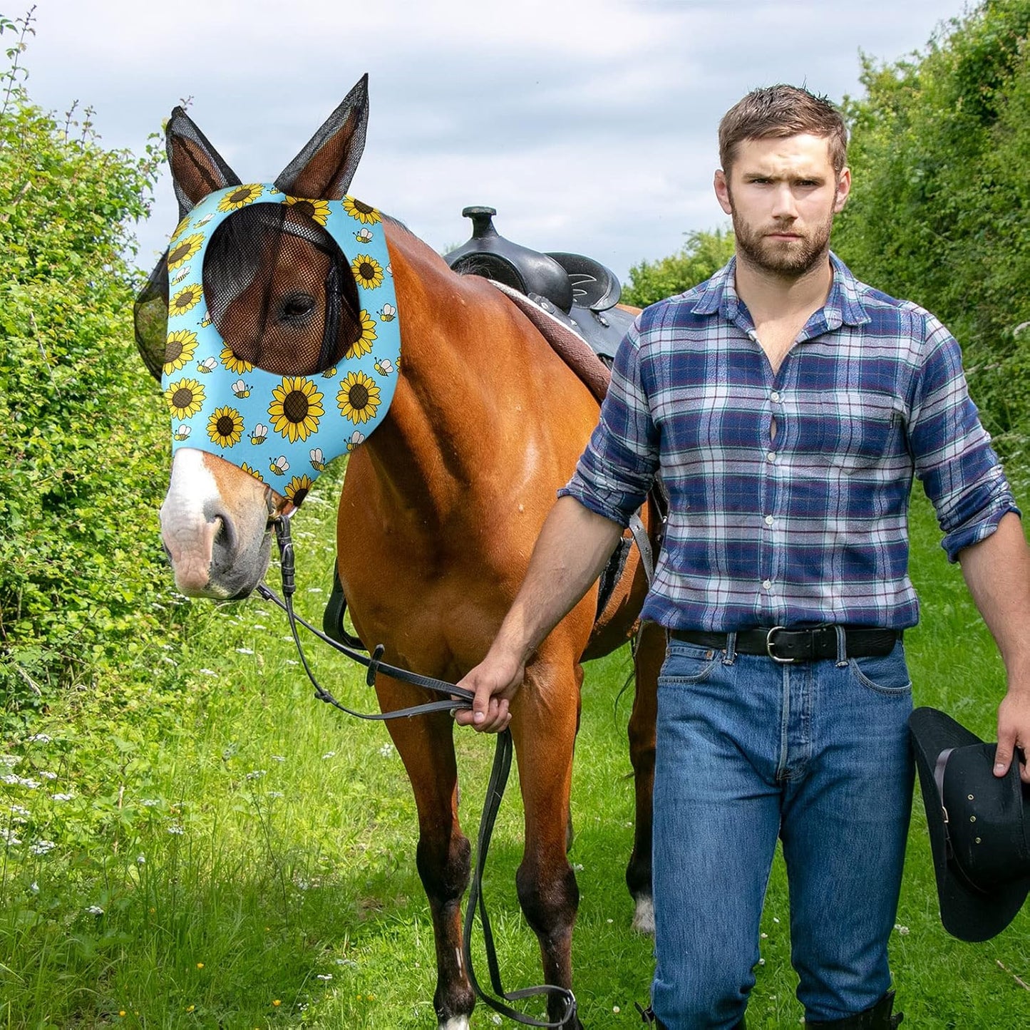 Frienda 4 Pieces Horse Fly Masks with Ears Face Covering UV Protection from Insect Pests Elasticity Smooth Comfortable Mesh Horse Mask Accessories(Flower,Medium)