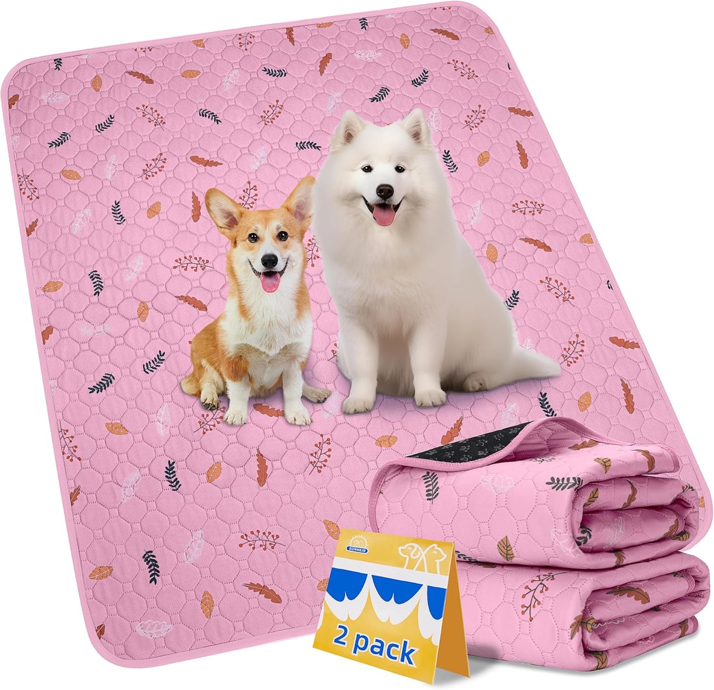 Sunheir Washable Pee Pads for Dogs 2-Pack Reusable Puppy Pads Pet Training Pads, Waterproof Dog Pee Pads for Crate, Whelping Pad, Non-Slip Protects Against Urine Leakage (Leaves - Pink, 24x36)