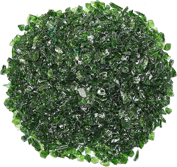 TWINKLING High Luster Fire Glass Gravel Stone Glitter,Broken Glass,Fire Gems Chips,Crushed Glass for Fire Pit Crafts Resin Art Aquarium Garden Decoration,3-6mm,1-Pound Jar (Dark Green)