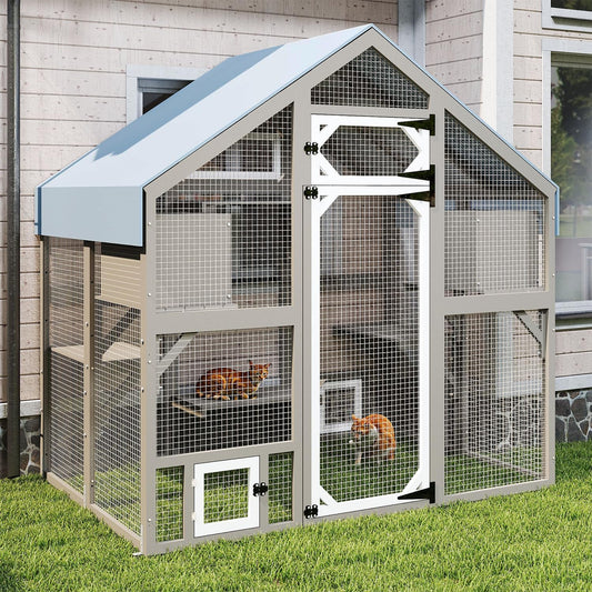 Cat Catio Outdoor Enclosure for Multiple Cats, Large Wooden Walk-in Cat House with Window Connection, 2 Condos, Platforms, Doors, and Weatherproof Roof Cover (69.5" L x 47" W x 71" H)