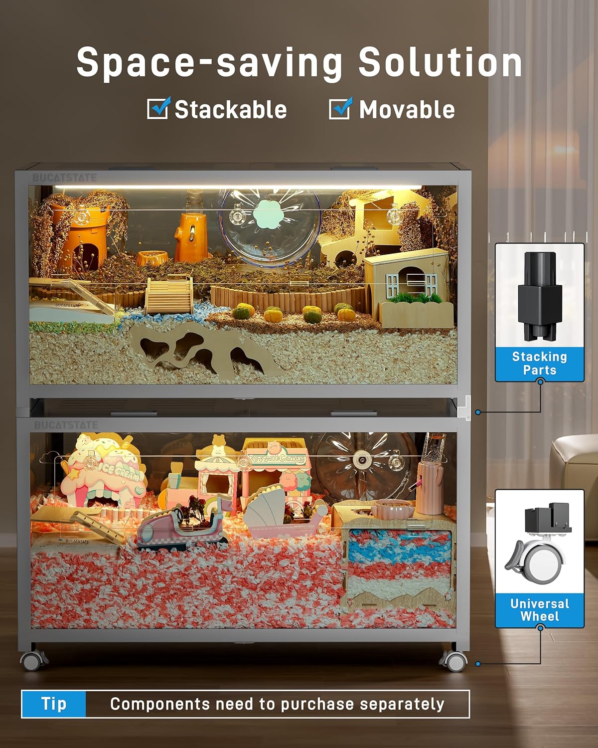 BUCATSTATE Hamster Cage 3.0: Metal Large Rat Cage Stackable with Top Access Easy Assemble 39.3L x 19.7W x 20.6H Inches Dwarf Syrian Hamster Tank for Gerbil Mouse (5.4 ft², White)