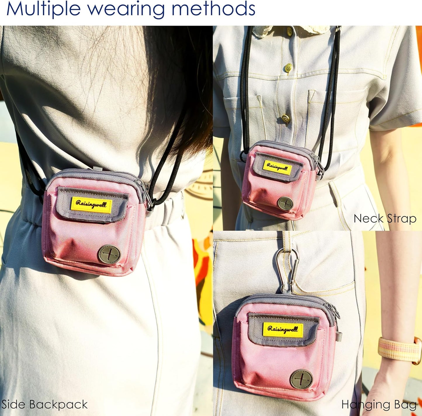 Dog Treat Pouch for Pet Walking and Training with Clicker Poop Bags and Three Bags Design Small Fanny Zipper Pack Holder for Puppy Snack Dispenser Kit for Leash and Outdoor Use (Pink)