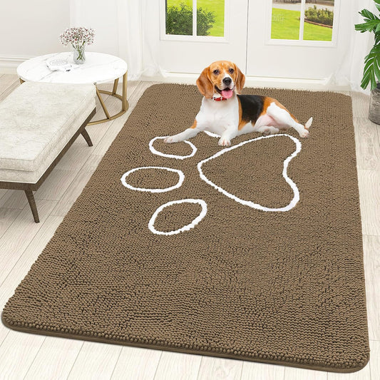 OLANLY Door Mat for Muddy Dog Paws 59x35, Ultra Absorbent Chenille Mud Doormat with Paw Print Design, Non-Slip Washable Doormat for Indoor Entryway, Quick-Dry Pet Bed Mats for Dirty Dogs, Tan