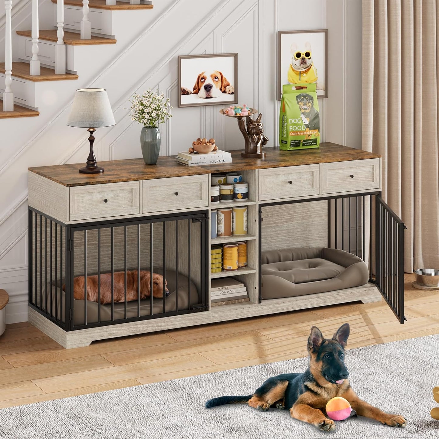 GarveeHome 82" Double Dog Crate Furniture, Large Dog Kennel Indoor for 2 Dogs, Heavy Duty Wooden Dog Crate TV Stand with 4 Drawers and Shelves, Washed White