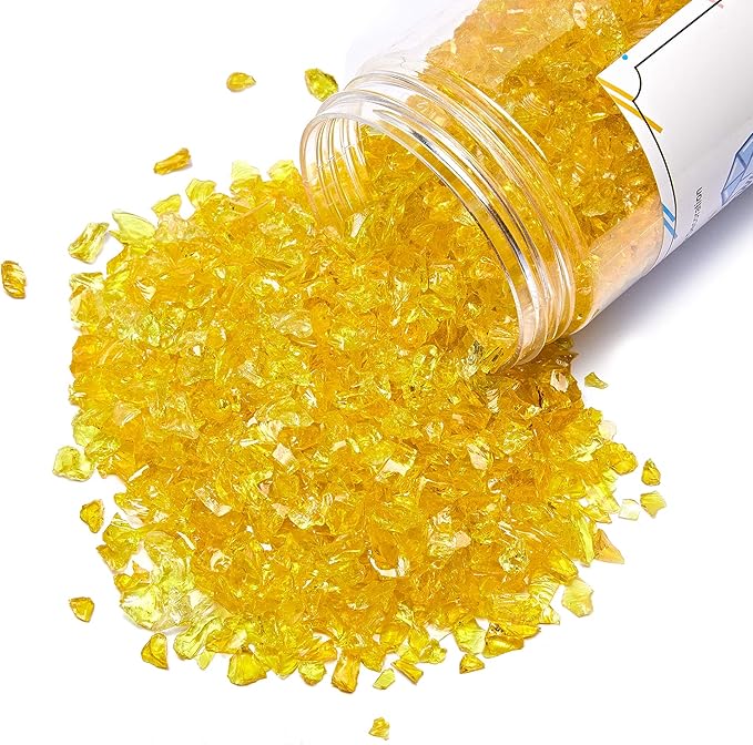 TWINKLING High Luster Fire Glass Gravel Stone Glitter,Broken Glass,Fire Gems Chips,Crushed Glass for Fire Pit Crafts Resin Art Aquarium Garden Decoration,3-6mm,1-Pound Jar (Yellow)