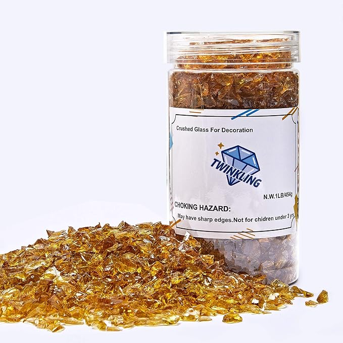 TWINKLING High Luster Fire Glass Gravel Stone Glitter,Broken Glass,Fire Gems Chips,Crushed Glass for Fire Pit Crafts Resin Art Aquarium Garden Decoration,3-6mm,1-Pound Jar (Light Amber)